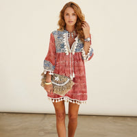 Robe bohème patchwork à pompons