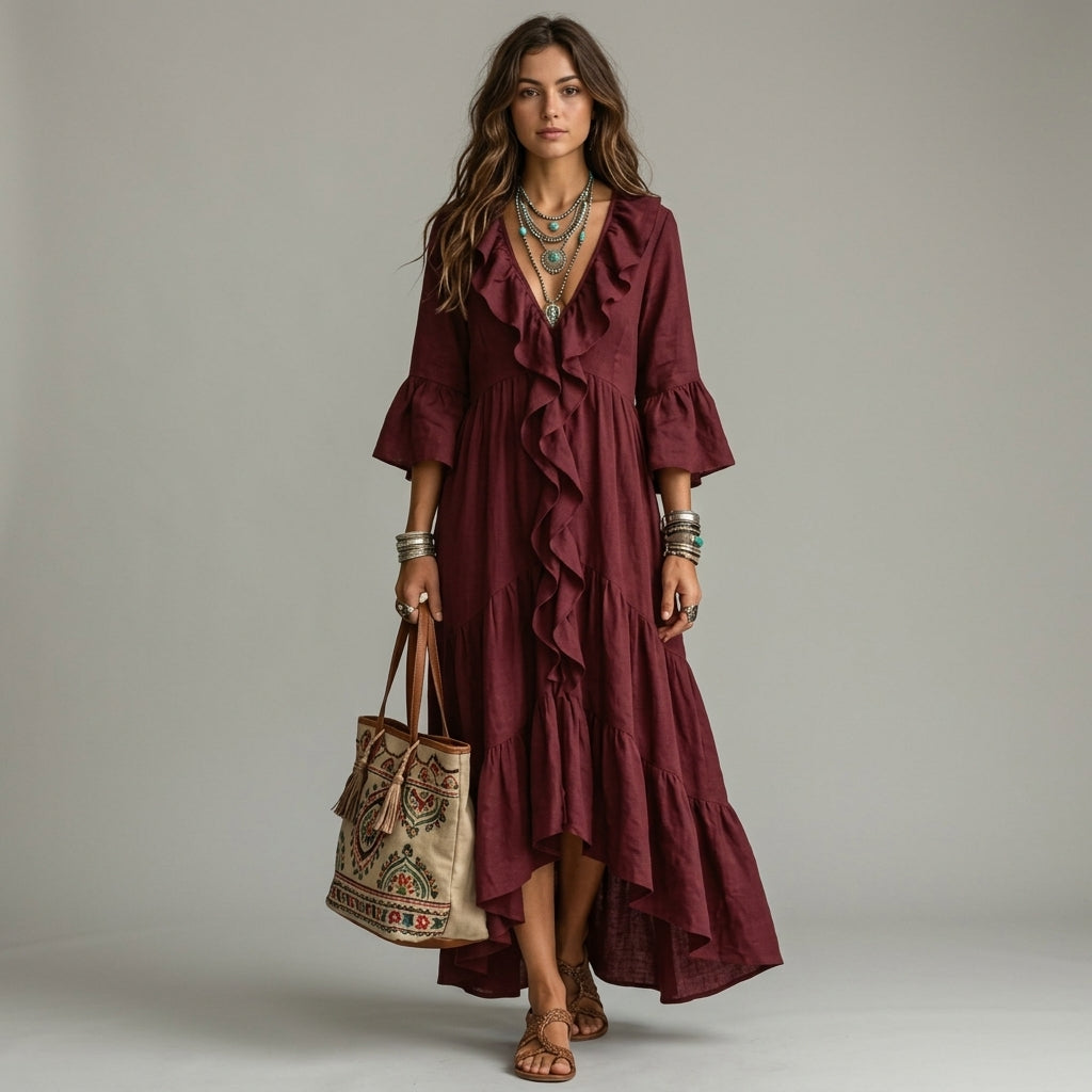 Robe midi bohème à volants