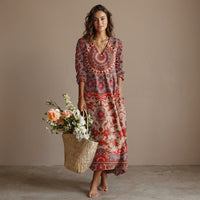 Robe midi à motif floral, col en V et poches
