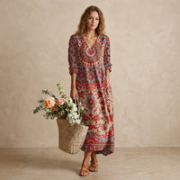 Robe midi à motif floral, col en V et poches