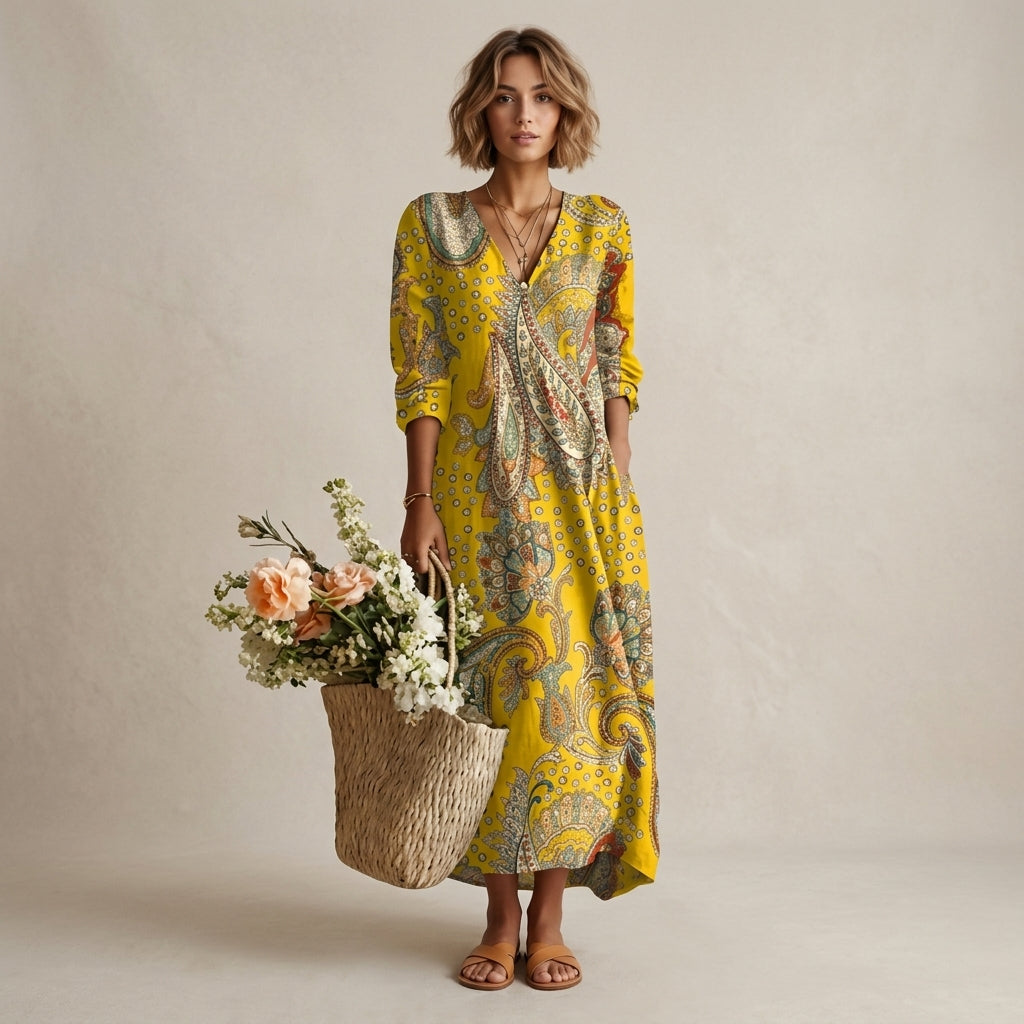 Robe midi à motif floral, col en V et poches