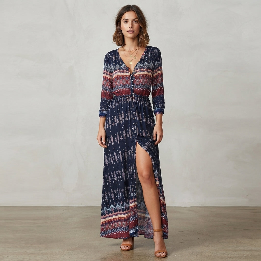 Robe longue bohème boutonnée à l'avant