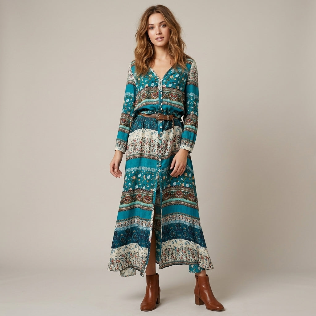 Robe longue bohème boutonnée à l'avant