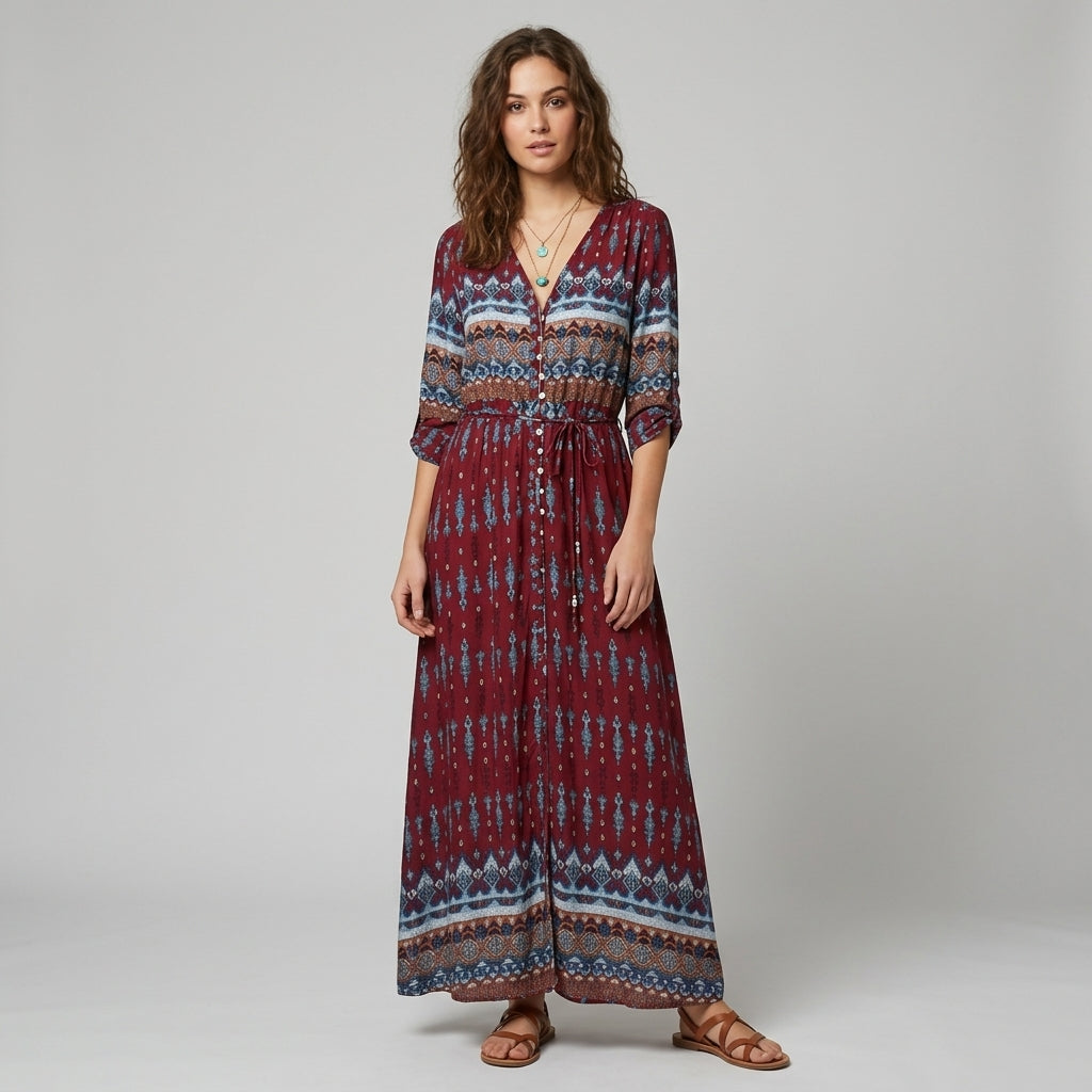Robe longue bohème boutonnée à l'avant