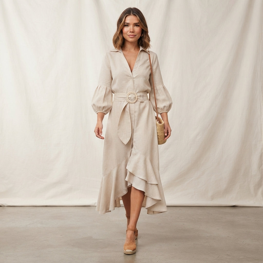 Robe midi évasée à col en V et ceinture