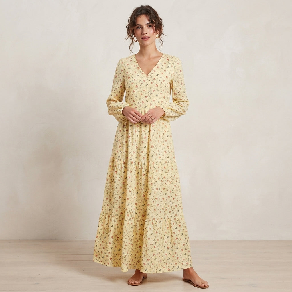 Robe longue bohème à motifs floraux sur fond noir