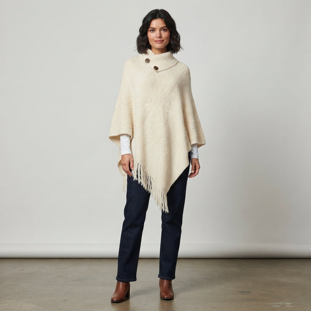 Poncho à franges en coton à col roulé