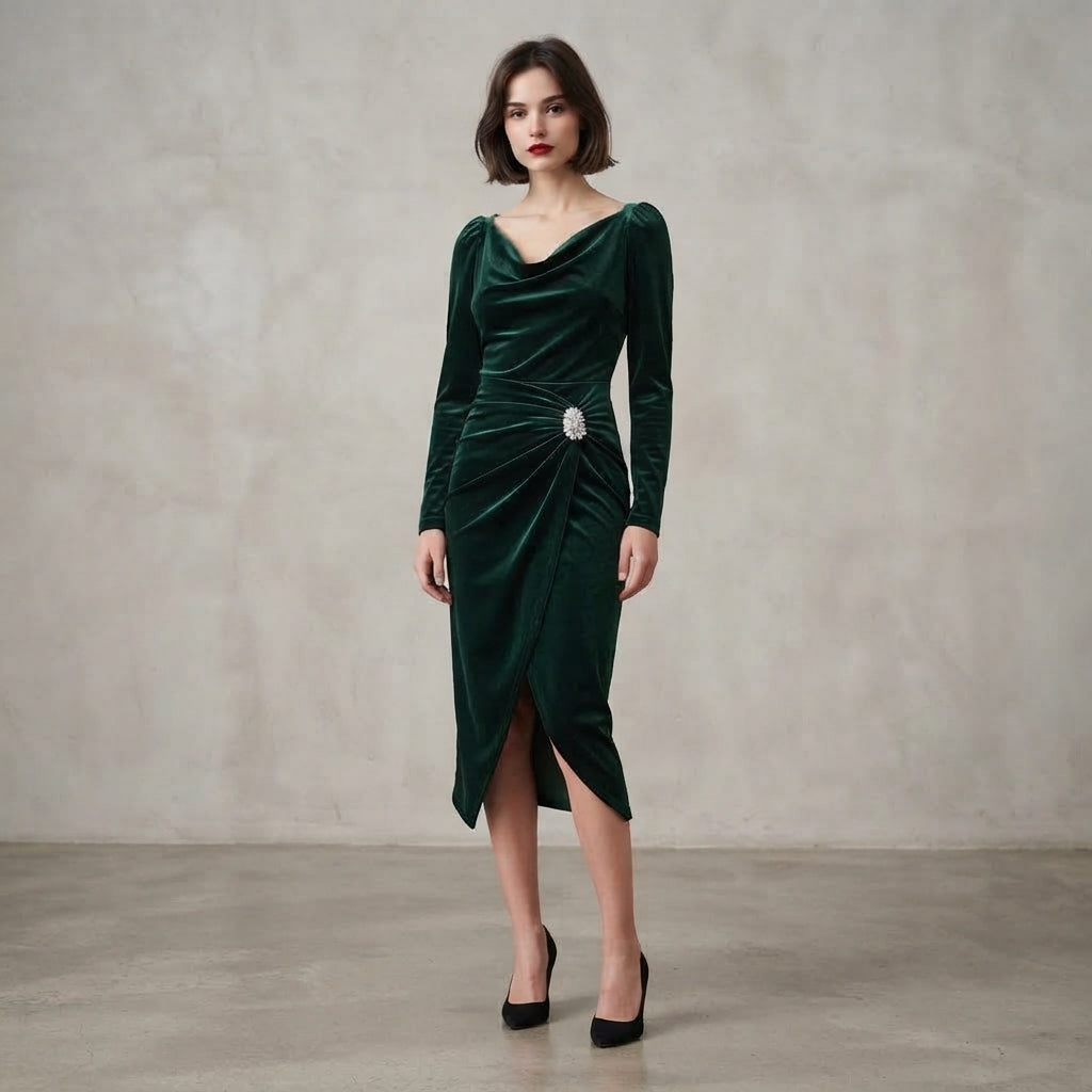 Robe drapée en velours à manches longues