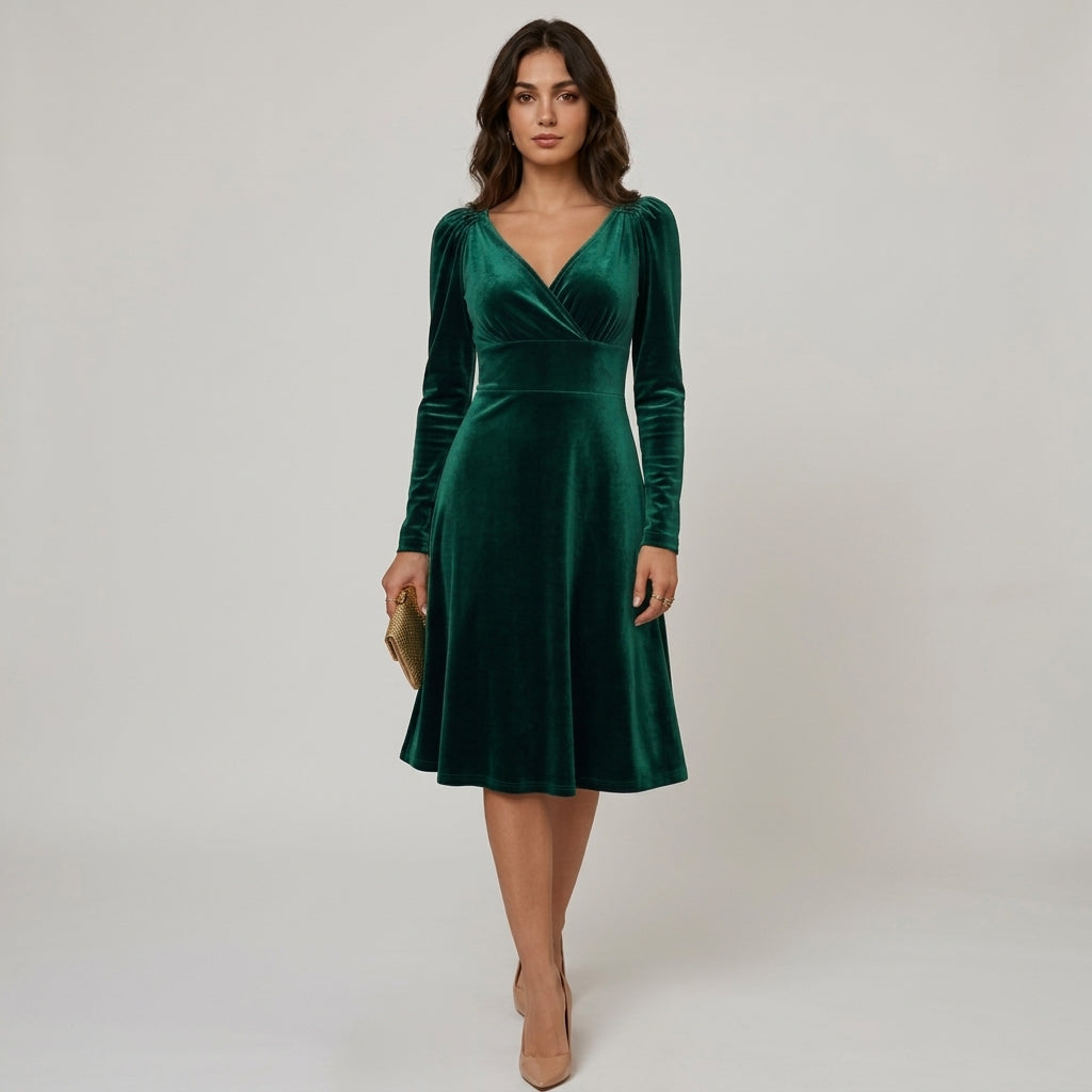 Robe longue en velours à col en V