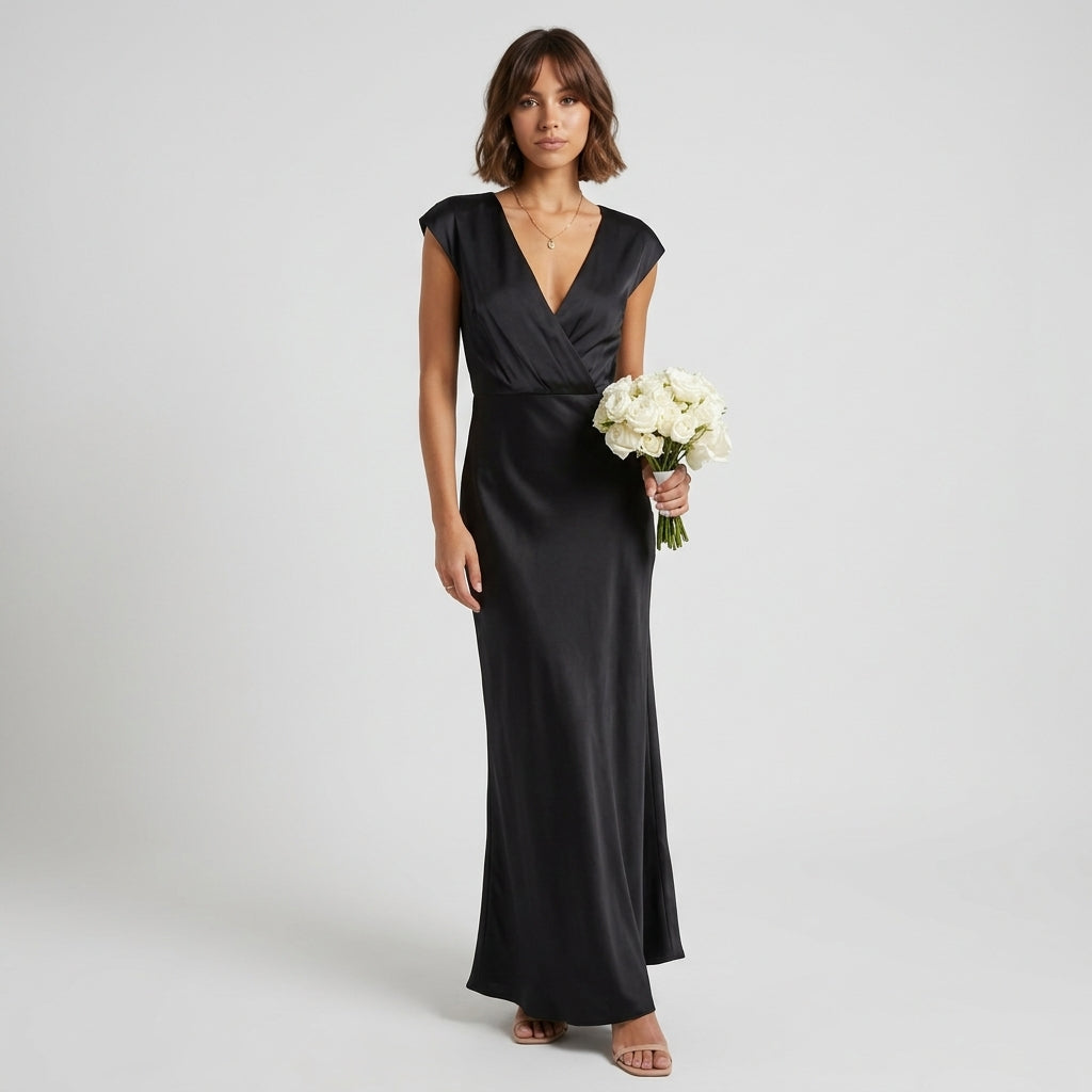 Robe longue portefeuille en satin Eva