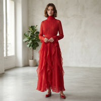 Robe longue rose à volants