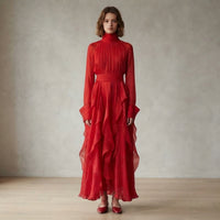 Robe longue rose à volants