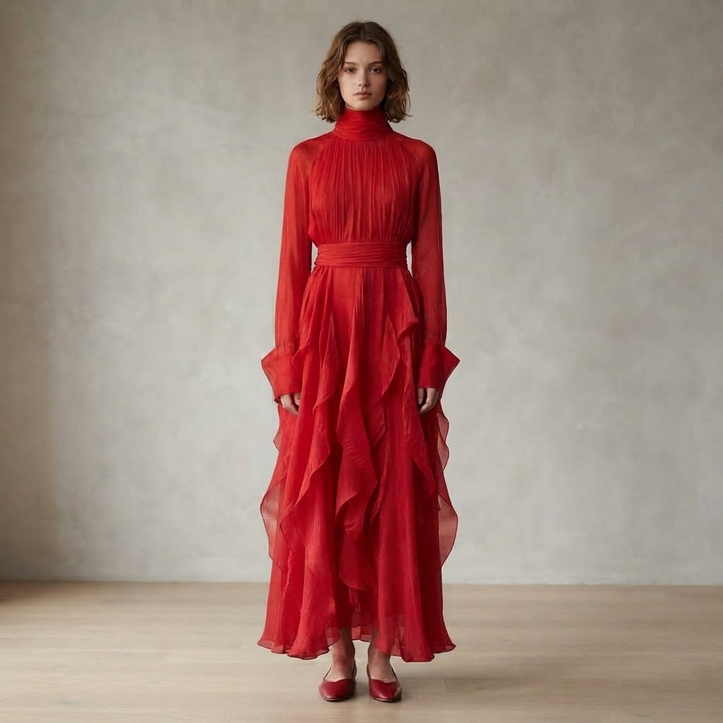 Robe longue rose à volants