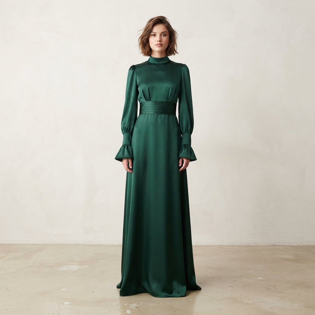 Robe longue en satin à manches bouffantes