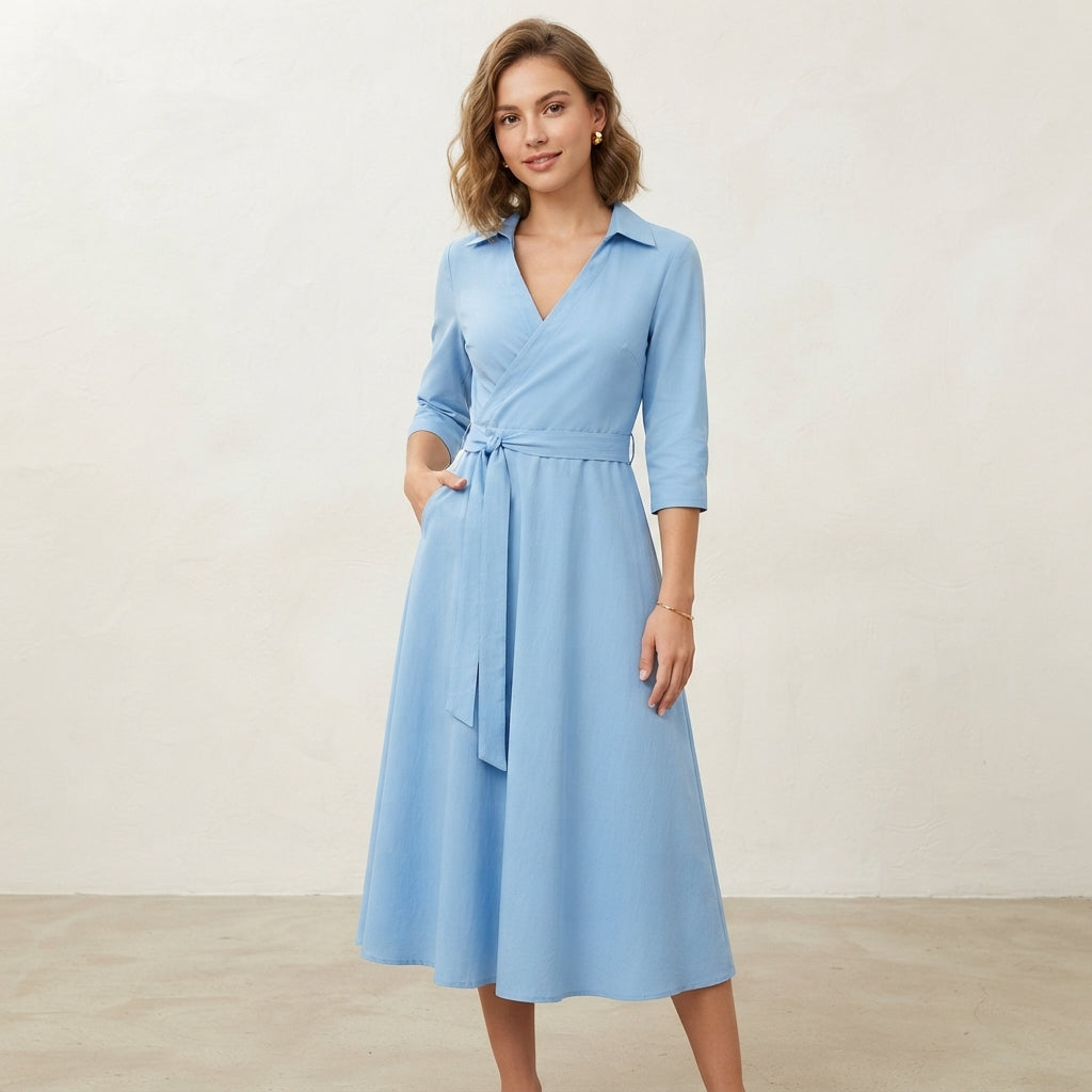 Robe midi cache-cœur à manches longues