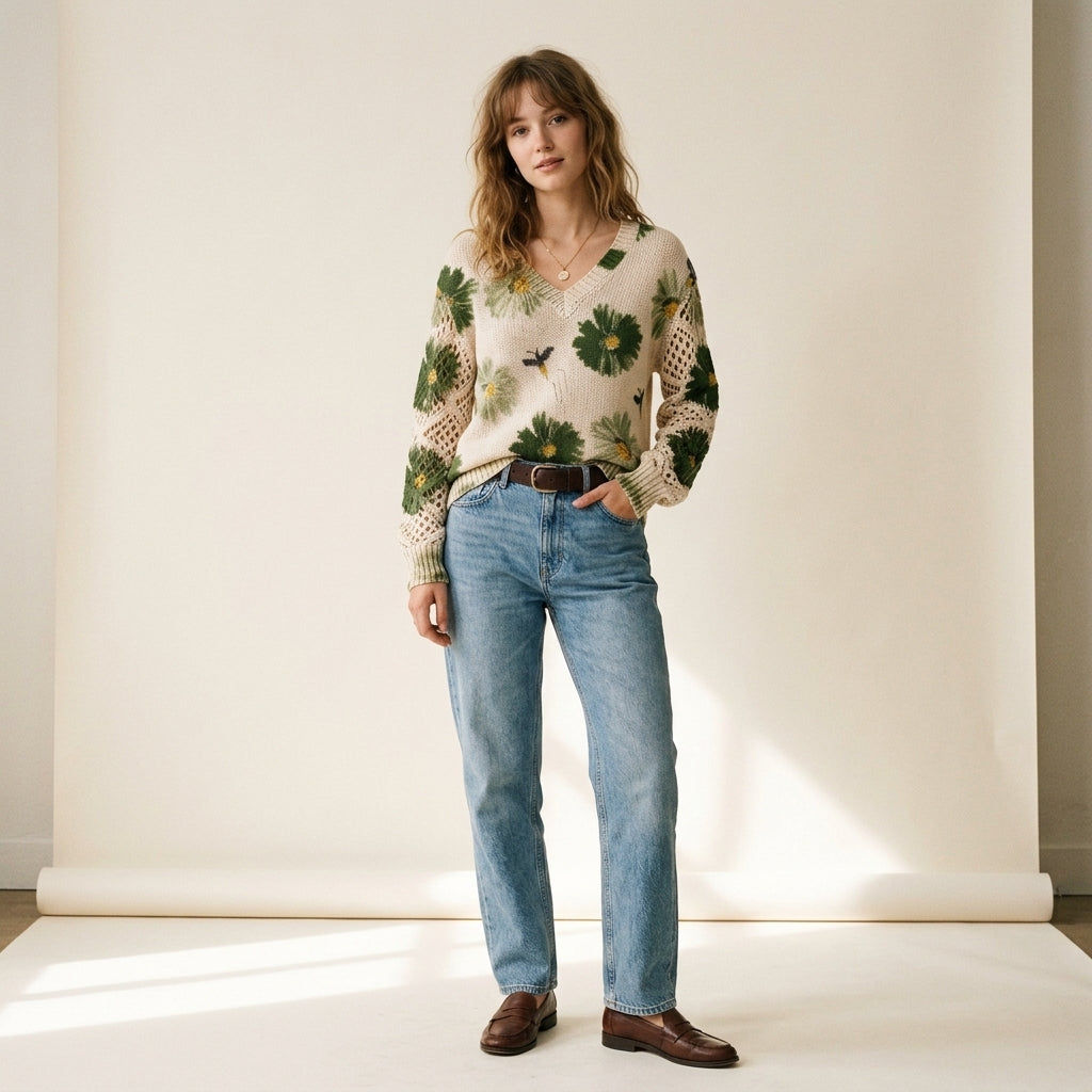 Pull en maille à col en V et motif floral