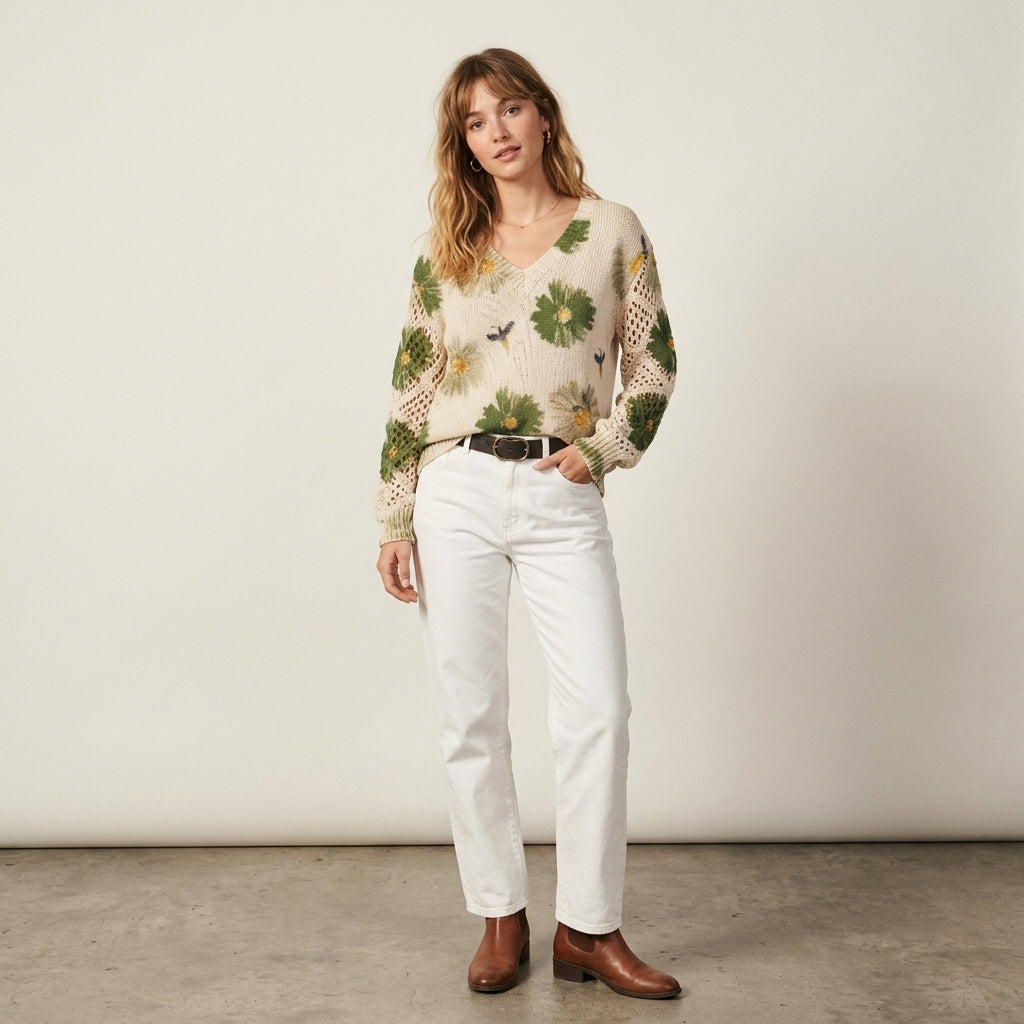 Pull en maille à col en V et motif floral