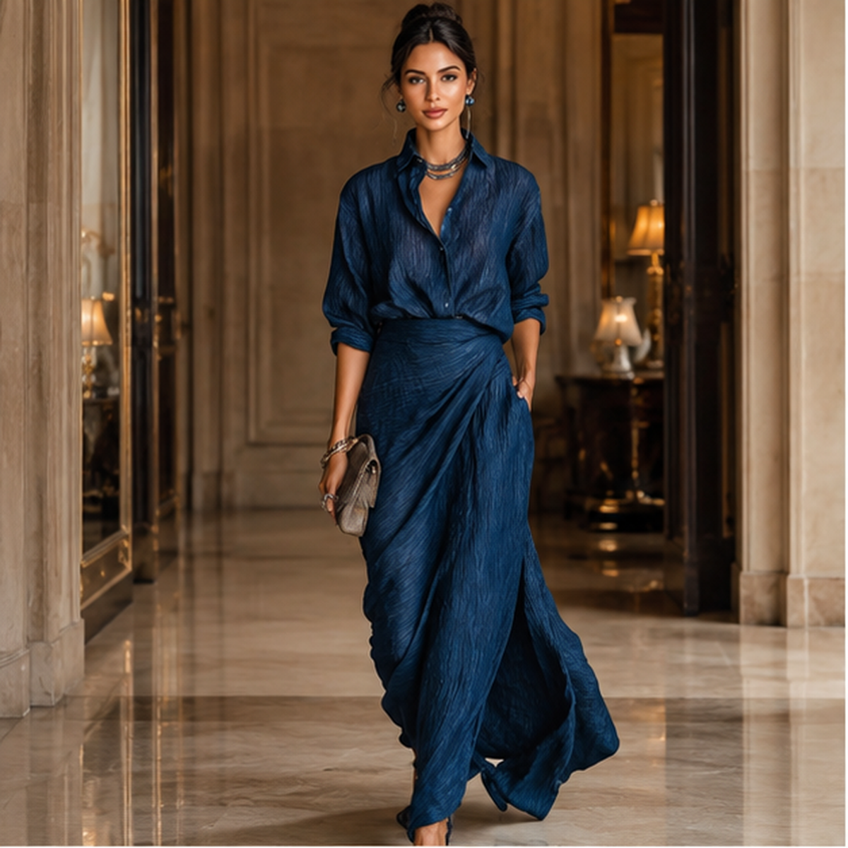 Robe longue bleue cache-cœur