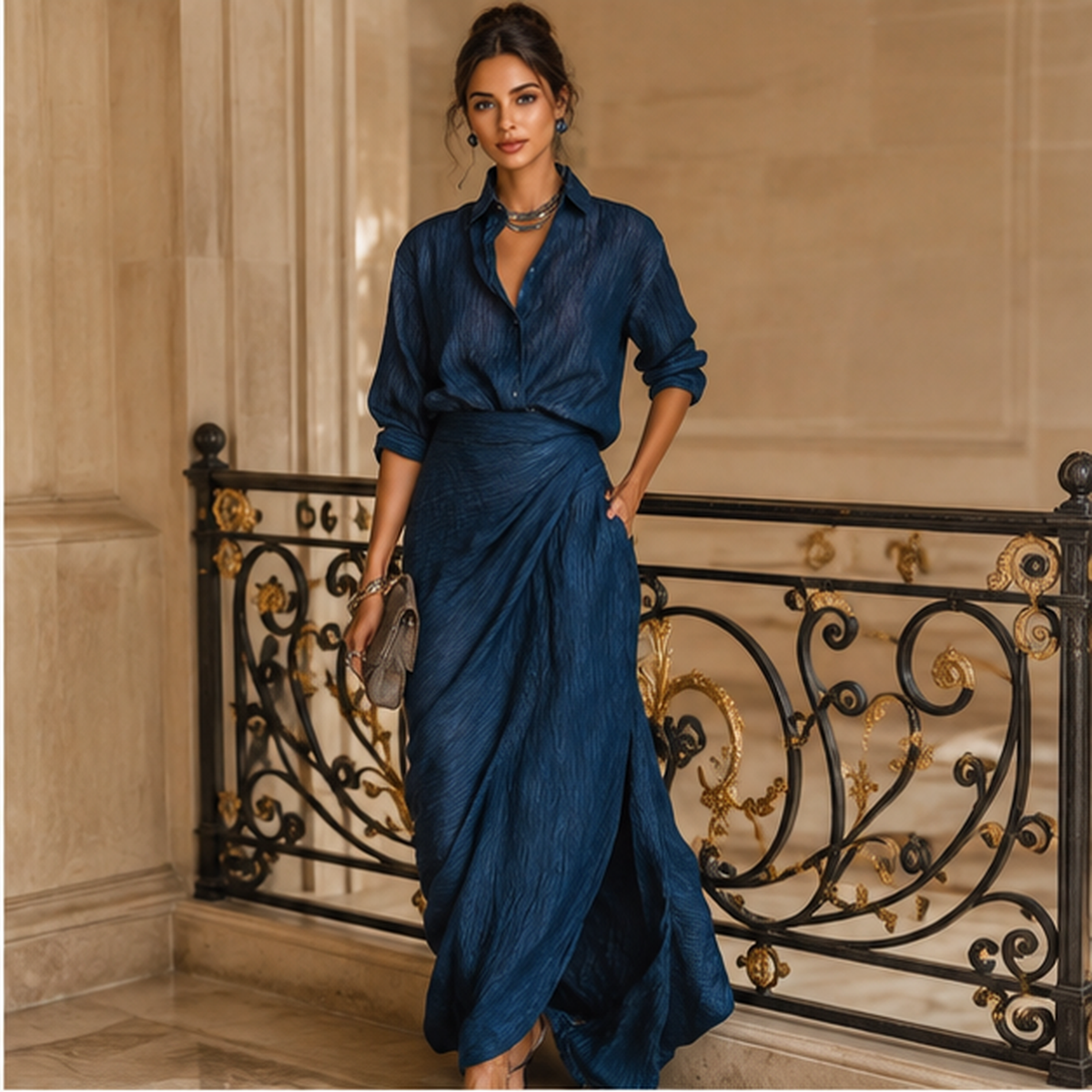 Robe longue bleue cache-cœur