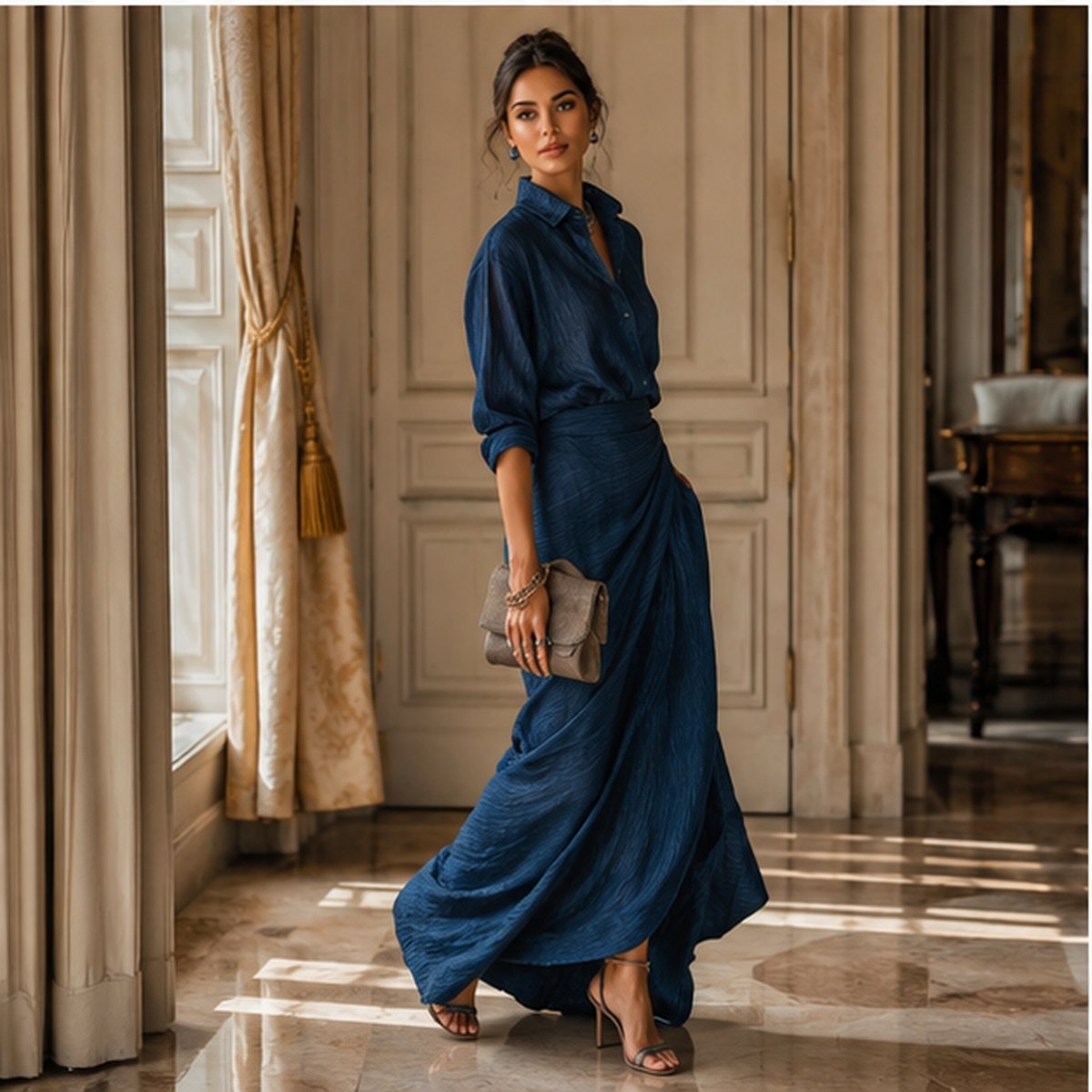Robe longue bleue cache-cœur