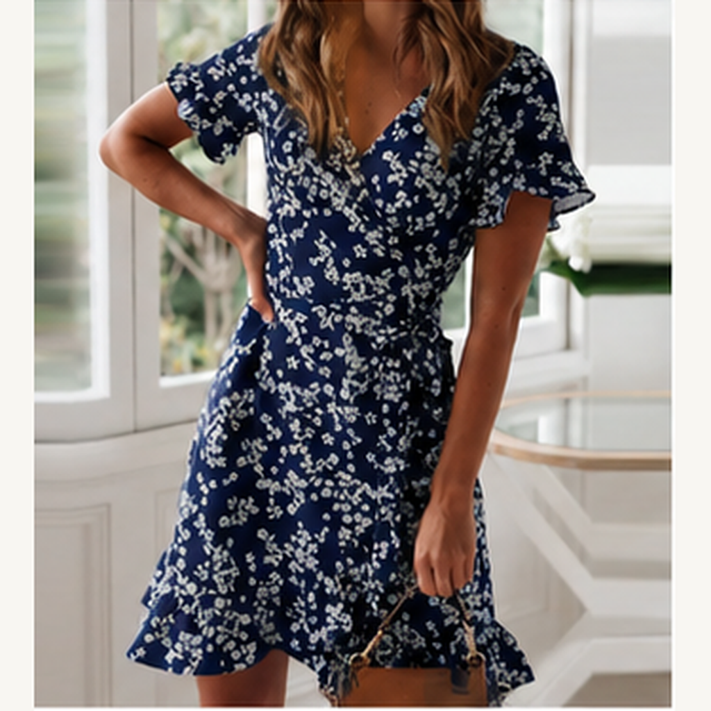Robe courte portefeuille verte à fleurs