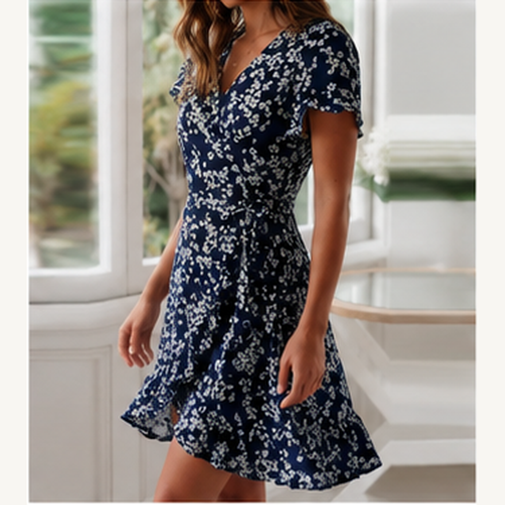 Robe courte portefeuille verte à fleurs