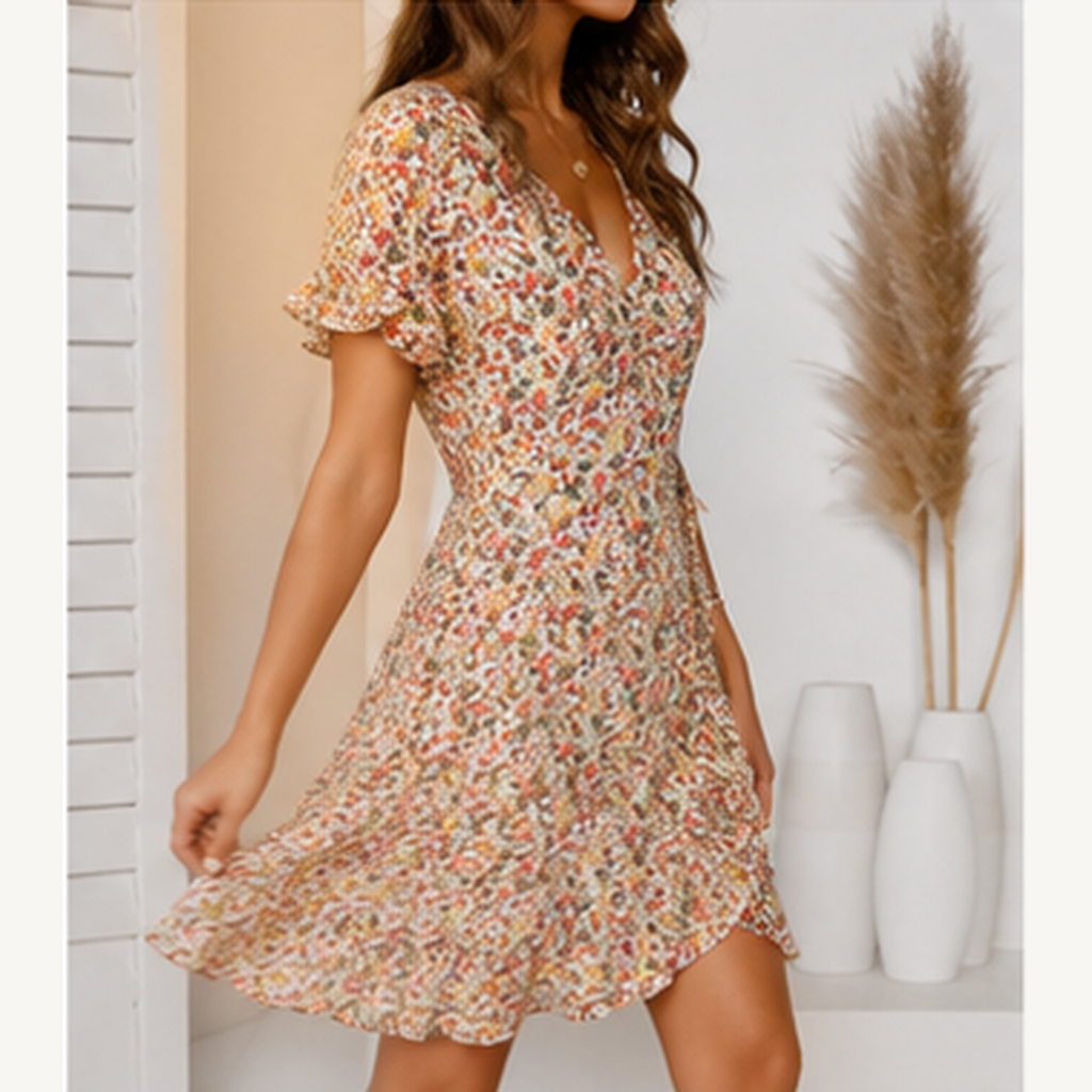 Robe courte portefeuille verte à fleurs