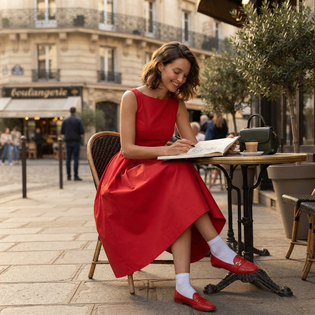 Robe midi rouge plissée à col bateau