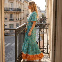 Robe longue bohème turquoise à fleurs