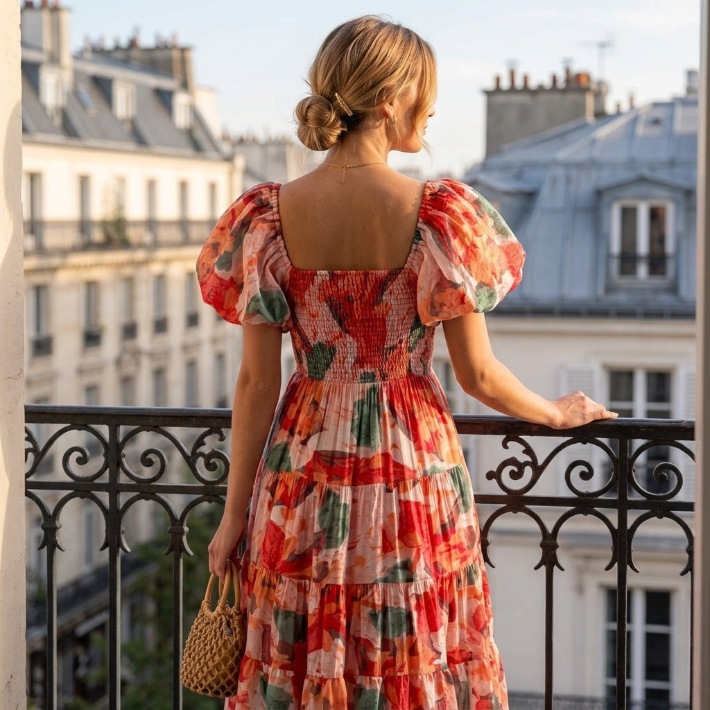 Robe midi fleurie Léa à épaules dénudées