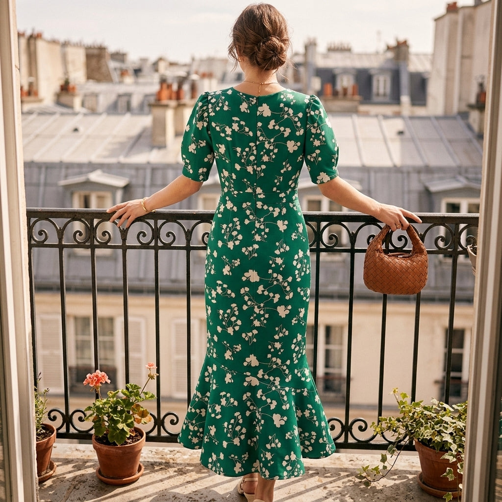 Robe midi fleurie à décolleté plongeant en V