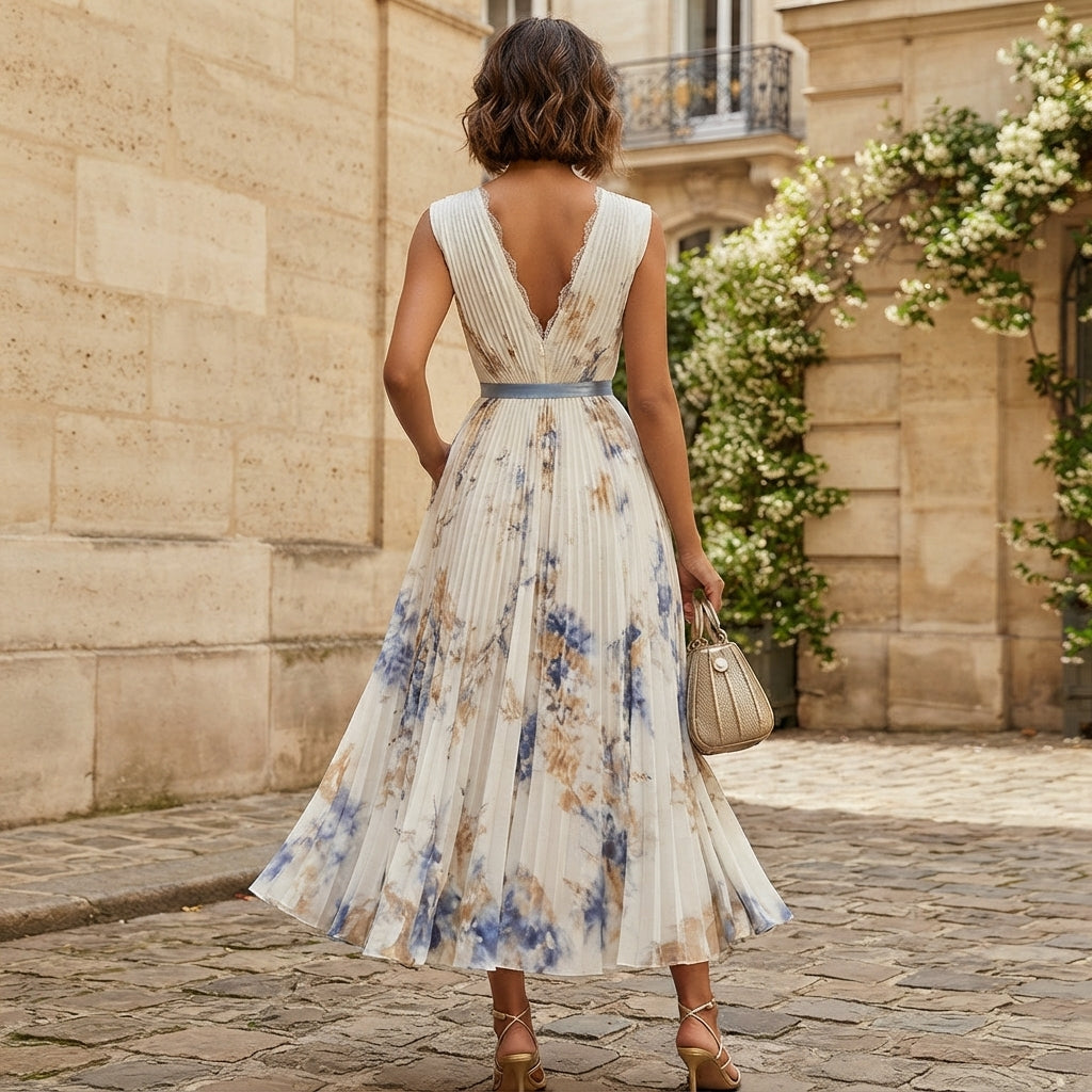 Robe midi bleue à fleurs cintrée et évasée