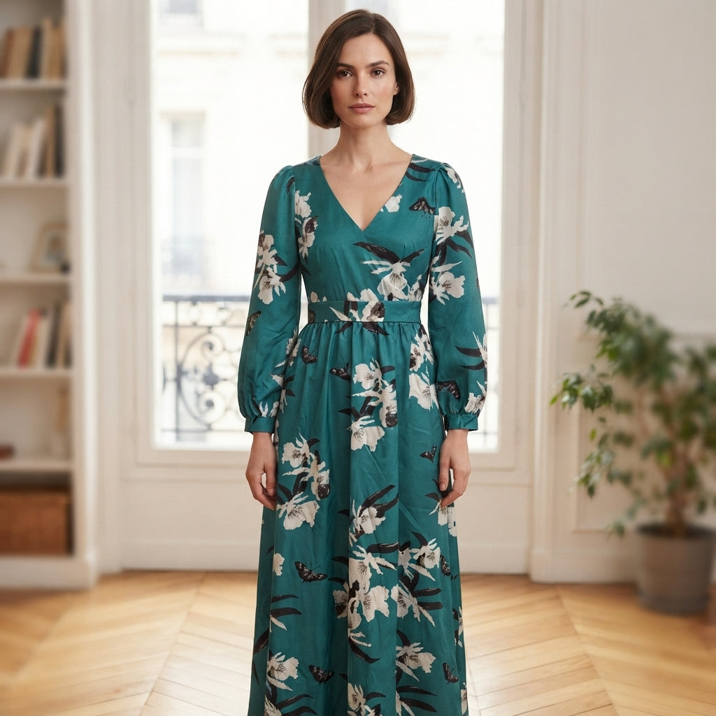 Robe longue violette à fleurs et col en V