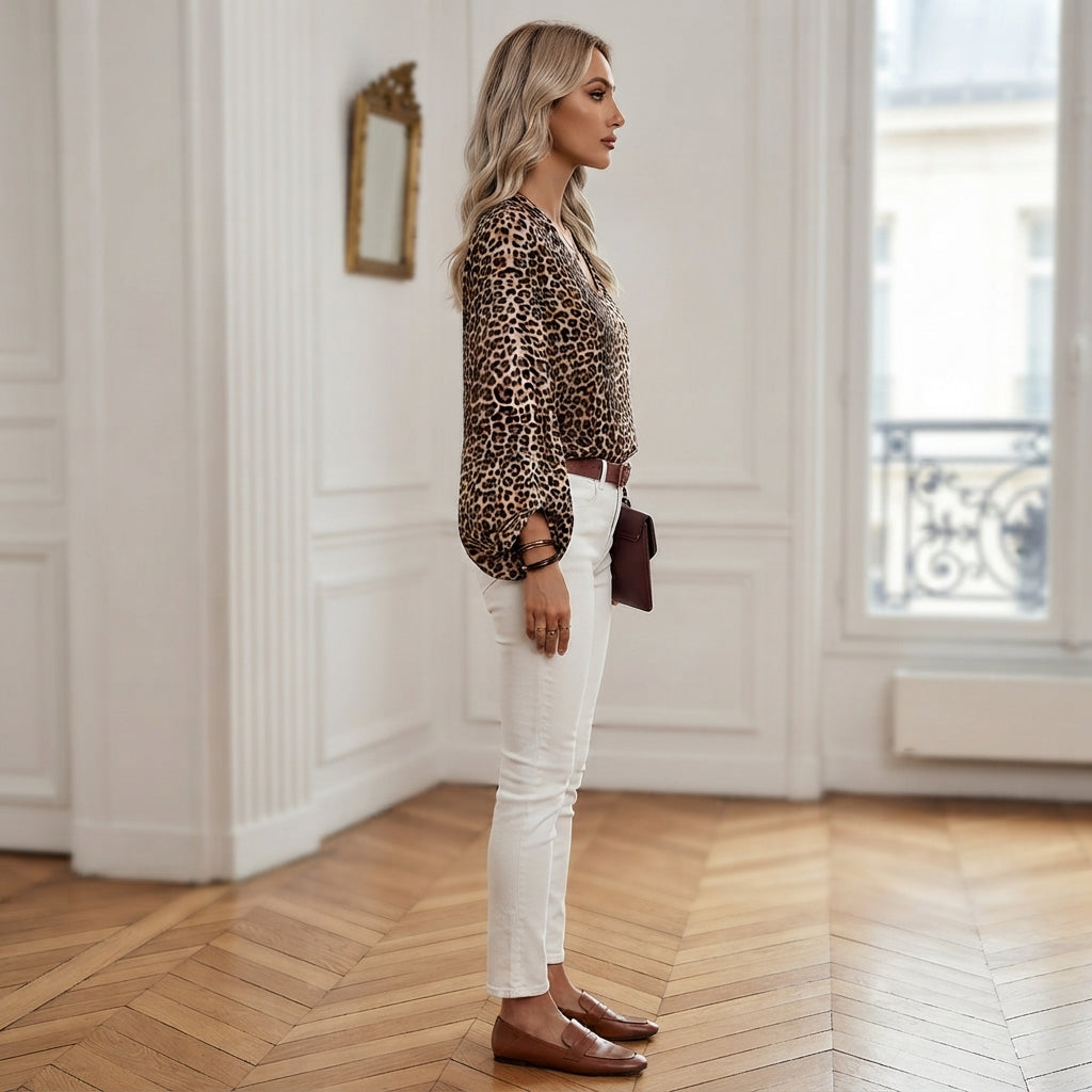 Blouse Jorielle à motif léopard et manches bouffantes