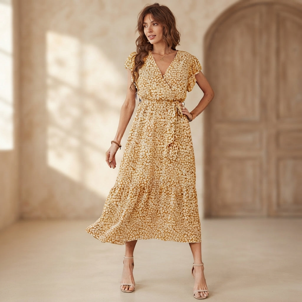 Robe midi portefeuille Solenne à fleurs