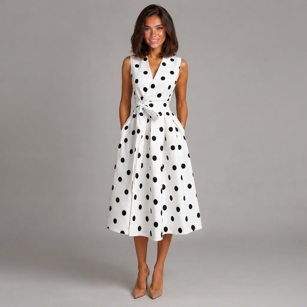 Robe midi à pois ceinturée