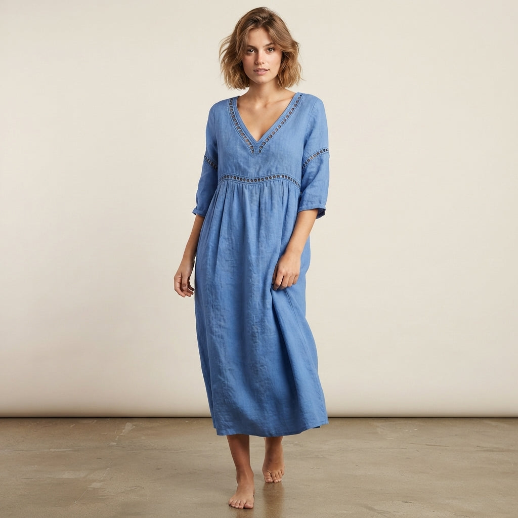 Robe midi en coton à col en V