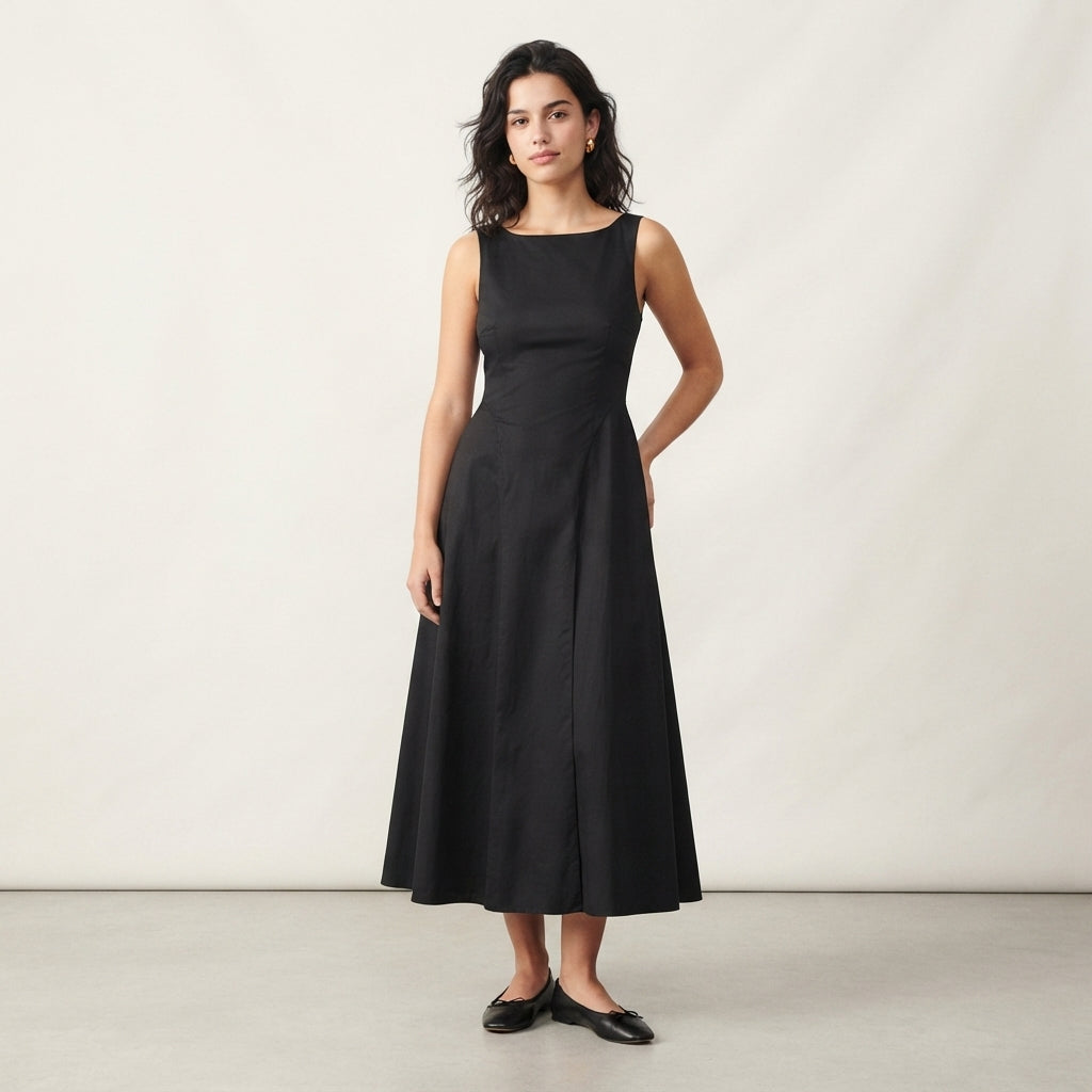 Robe midi rouge plissée à col bateau
