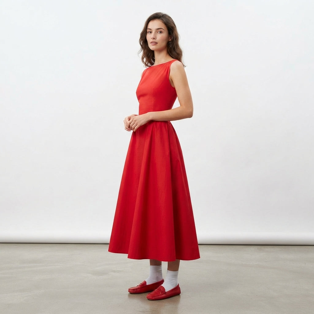 Robe midi rouge plissée à col bateau