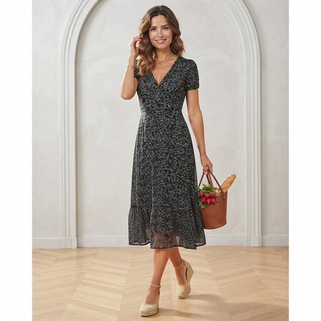 Robe midi fluide à col en V et coupe trapèze
