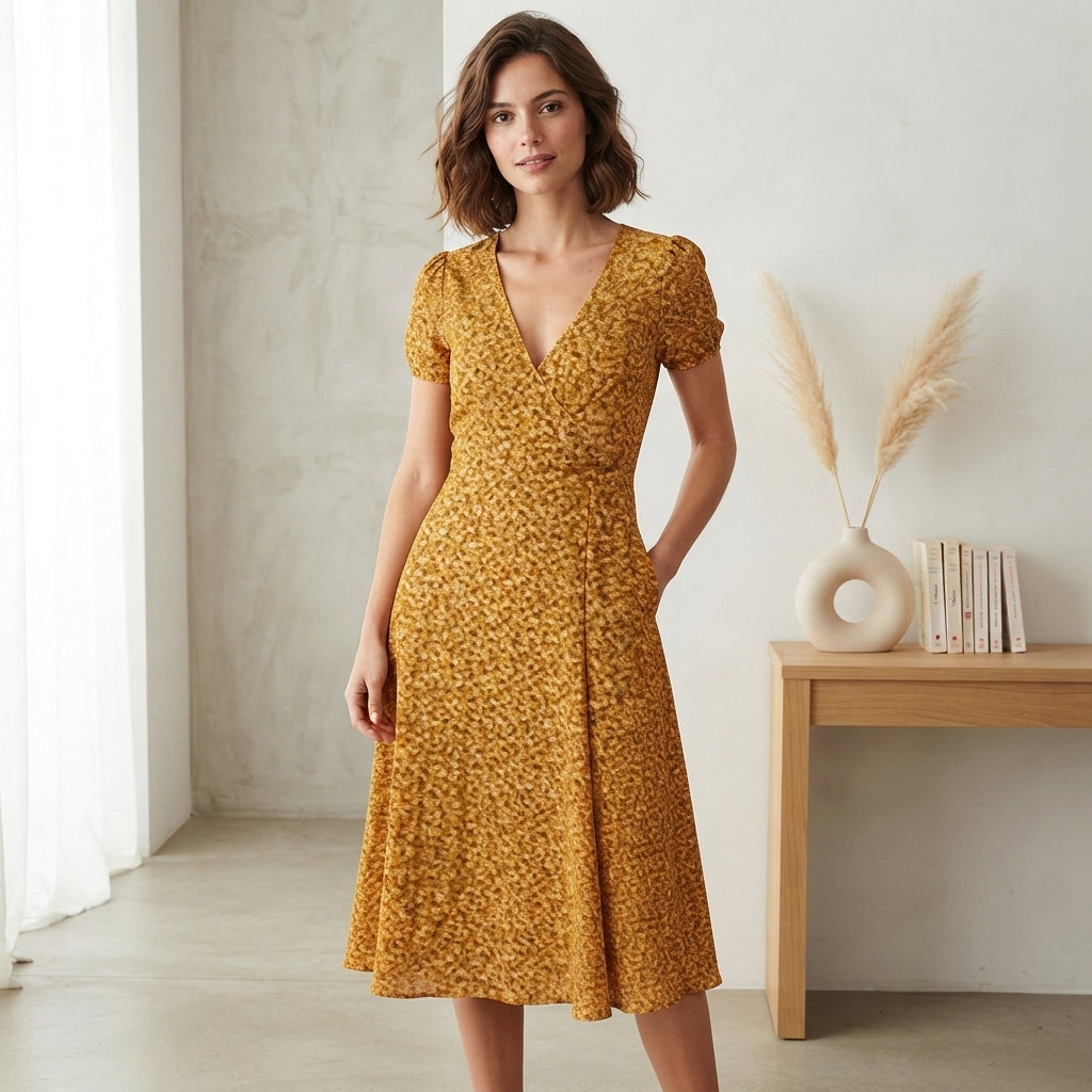 Robe midi fluide à col en V et coupe trapèze