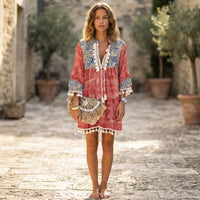 Robe bohème patchwork à pompons