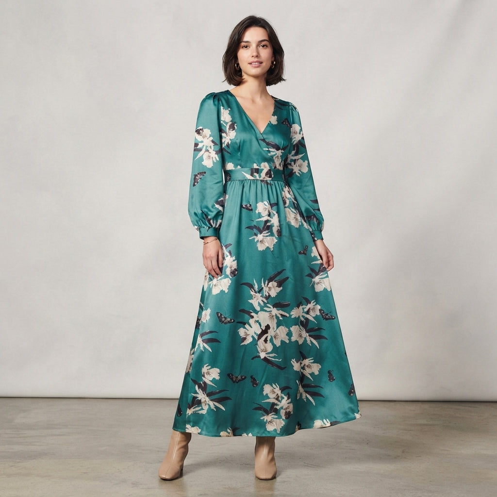 Robe longue violette à fleurs et col en V