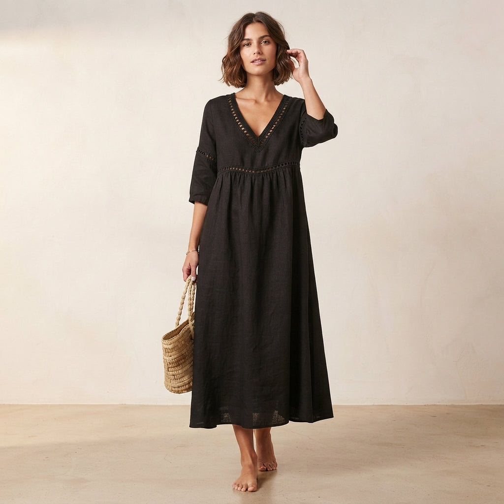 Robe midi en coton à col en V