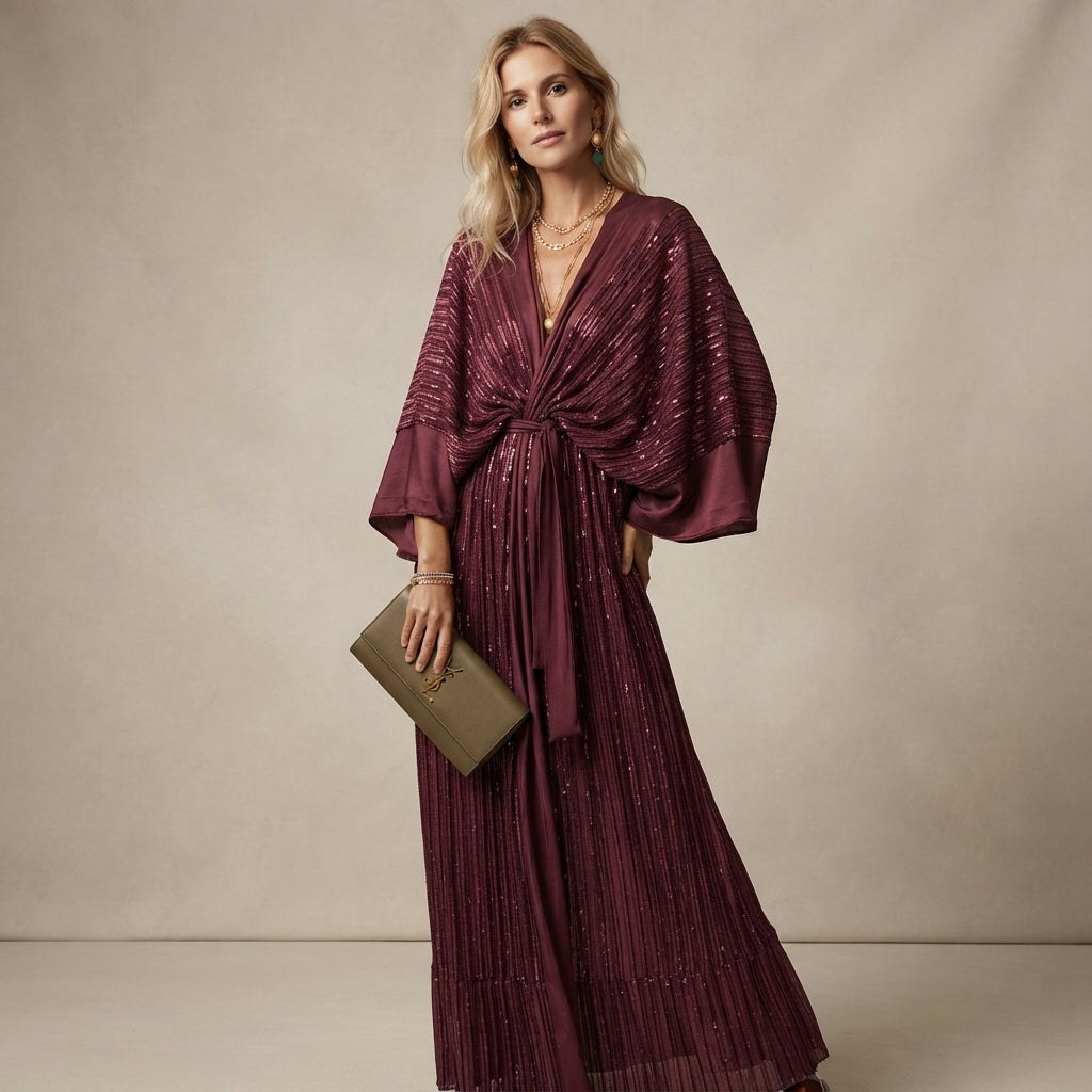 Robe kimono maxi métallisée ceinturée