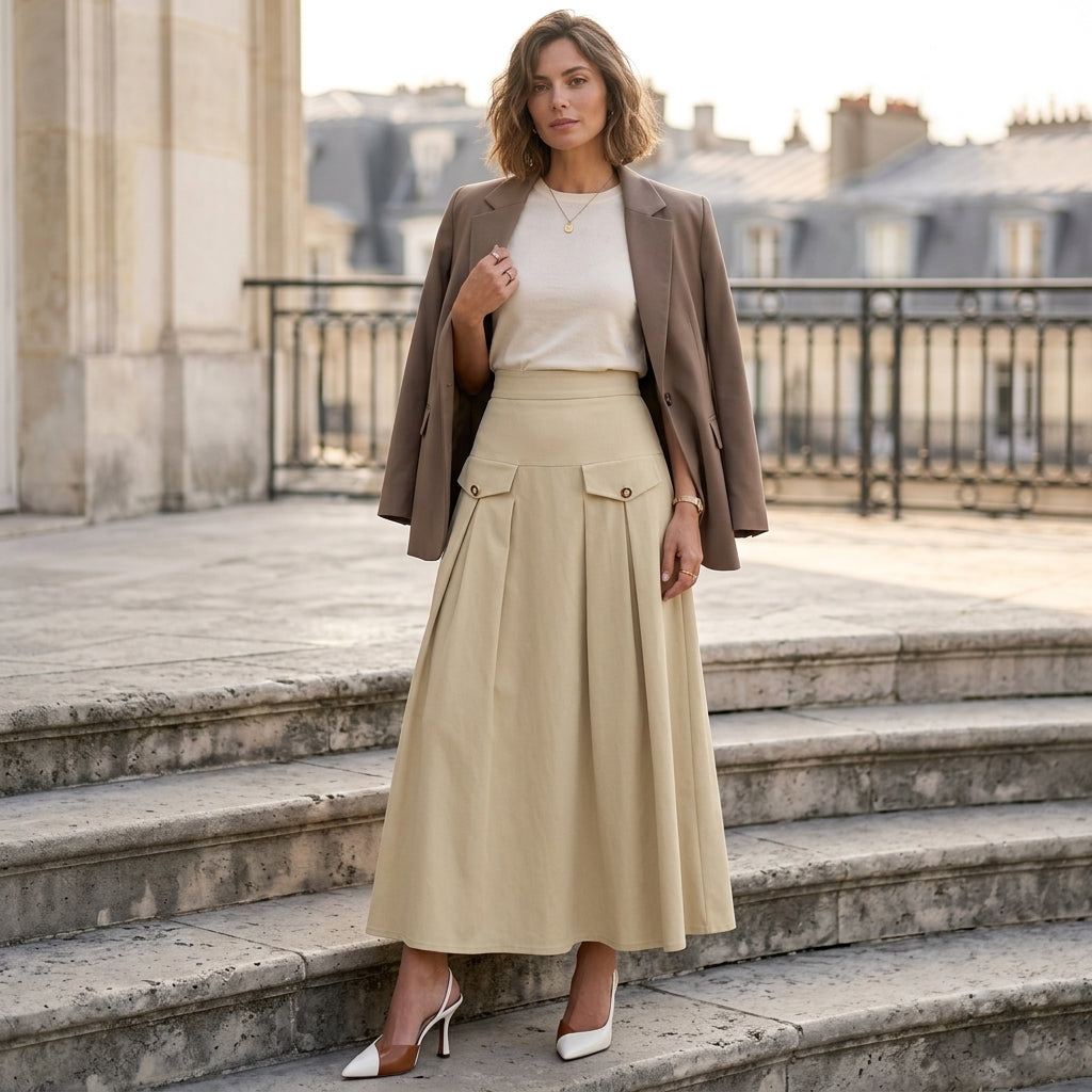 Jupe midi plissée taille haute