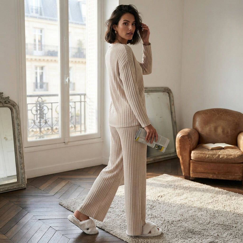 Ensemble en maille côtelée à col en V