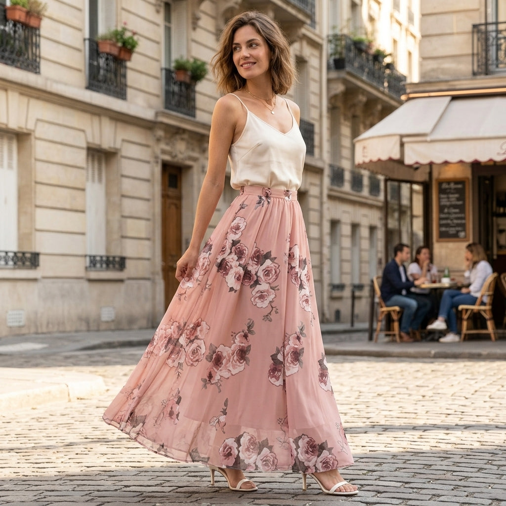 Jupe longue à motifs roses