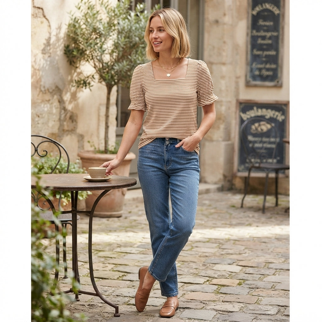 T-shirt à encolure en U et manches tulipe