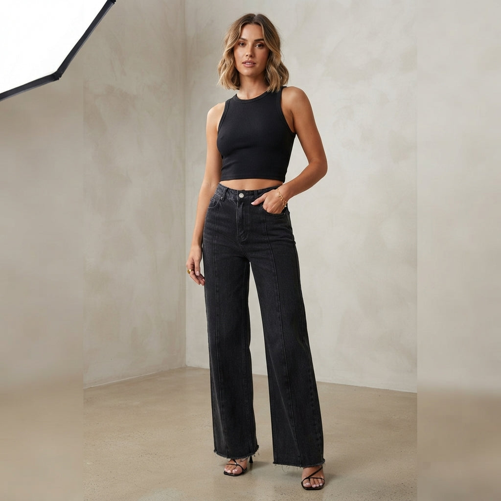 Jean en denim haut de gamme à jambes larges